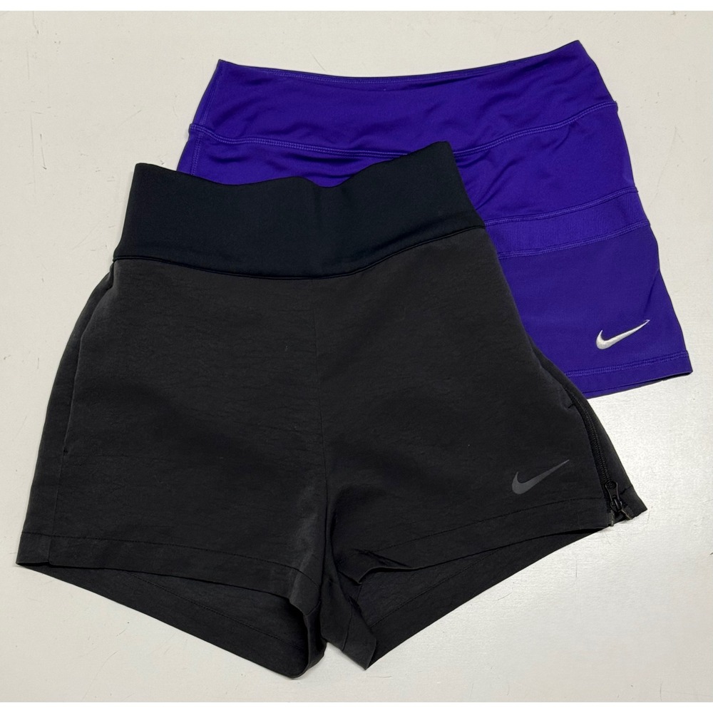 Nike Womens Bundle Black High Waist Running Shorts and Purple Dri-FIT Skort S
